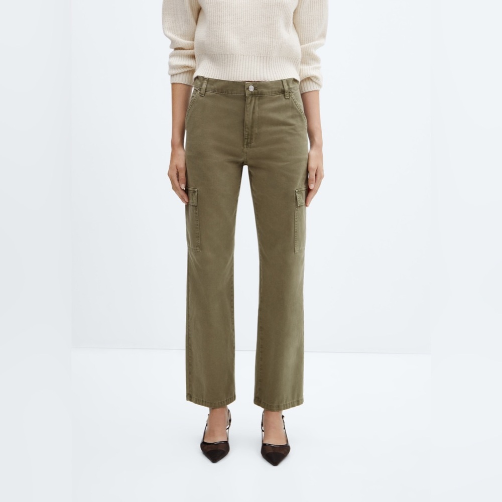 MANGO MNG POCKET CARGO JEANS WIDE LEG OLIVE GREEN KHAKI SIZE 2